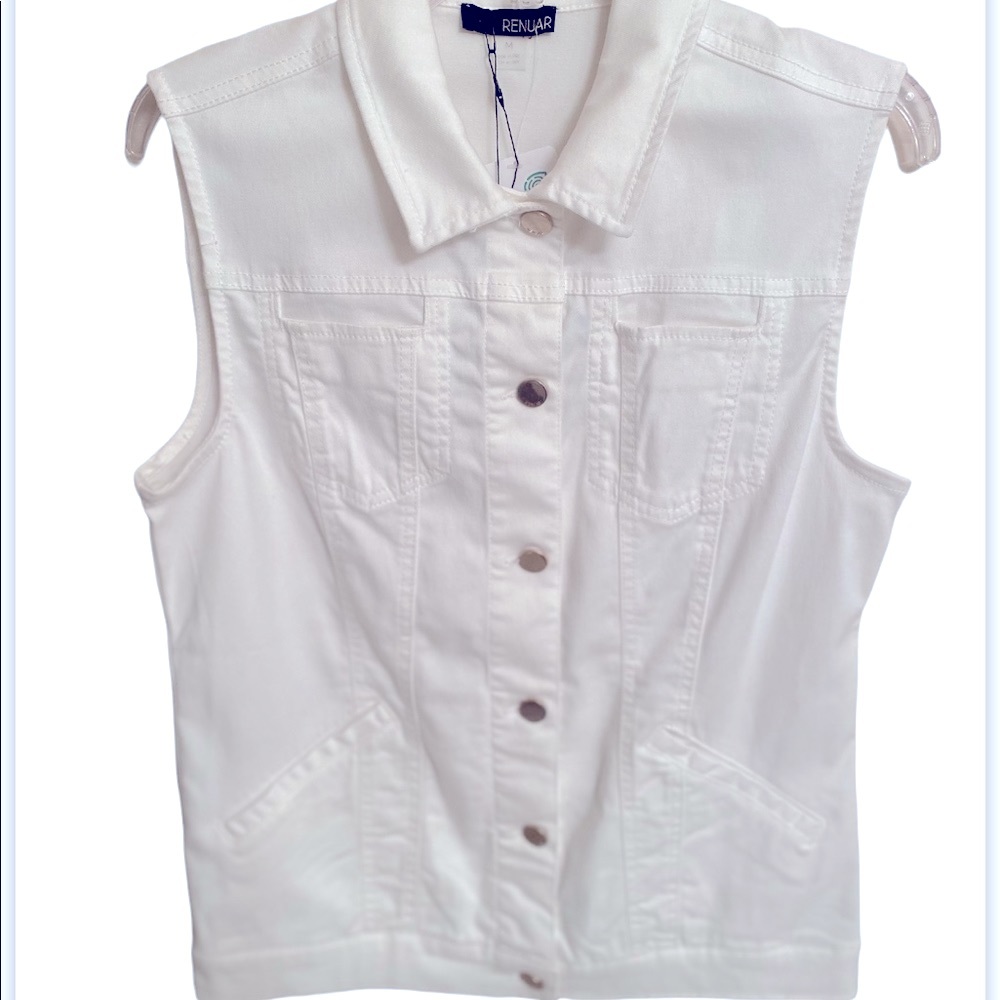 RENUAR Women’s White Denim Silver Button Vest 4 Front Pockets Size Medium NEW